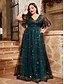 economico VERDE-Abito da Sera A-Line Elegante Abito Formale Matrimonio Lunghezza Completa Maniche Corte V Collo Tulle con Pieghe