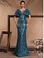 halpa Virallinen / Musta solmio-Merihevosilta/trumpetti Quinceanera-mekot elegantti mekko muodollinen häät lattiapituinen lyhyet hihat V-pääntie polyesteri V-taakse paljeteilla