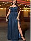 billiga BLÅ-A-linjeformade Quinceañera Klänningar Elegant Klänning Formell Bröllop Golvlängd Ärmlös Off Shoulder Polyester med Slits