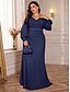 voordelige BLAUW-A-Lijn Plus Size Jurken Elegante Curve Jurk Formele Bruiloft Vloerlengte Lange Mouw V Hals Chiffon Met Pailletten