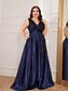 economico NERO-Abiti A-Line Taglie Forti Elegante Abito Curvy Formale Matrimonio Lunghezza P_avimento Senza Maniche Scollo a V Satin Scollo a V con Pieghe