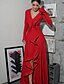 abordables Semi-formel / Cocktail-Robe de Soirée Sirène  Trompette Élégante Robe Formelle Mariage Longueur de Sol Manches Longues Col V Tissu Crépon Extensible avec Volants