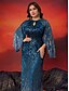 voordelige BLAUW-Zeemeermin  Trompet Plus Size Jurken Elegante Curve Jurk Formele Bruiloft Vloerlengte Lange Mouw Ronde Hals Polyester met Sleuf