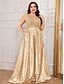 economico NERO-Abiti A-Line Taglie Forti Elegante Abito Curvy Formale Matrimonio Lunghezza P_avimento Senza Maniche Scollo a V Satin Scollo a V con Pieghe