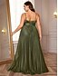economico VERDE-Abiti A-Line Plus Size Elegante Abito Curva Abito Formale Matrimonio Lunghezza Piena Senza Maniche Scollatura a V Raso Schiena Scoperta con Pieghe