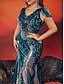 cheap BLUE-A-Line Plus Size Dresses Elegant Curve Dress Formal Wedding Floor Length Short Sleeve V Neck Sequined with Sequin 2025