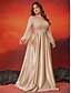 billige Champagne-A-Line Plus Size Kjoler Elegant Curve Kjole Formelt Bryllup Gulvlængde Lange Ærmer V Hals Satin med Plisseringer