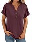 voordelige Dames eenvoudige tops-Dames T-shirt Effen Modieus Modern Korte mouw V-hals Normale tops Dagelijks Knop Wijn Zomer