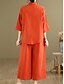 baratos Conjuntos-Mulheres Elegante Moda Roupa de rua Conjuntos de linho de algodão Manga 3/4 Colarinho de Camisa Côr Sólida Ao ar livre Trabalho Casual Laranja Marron Cáqui Verão Normal