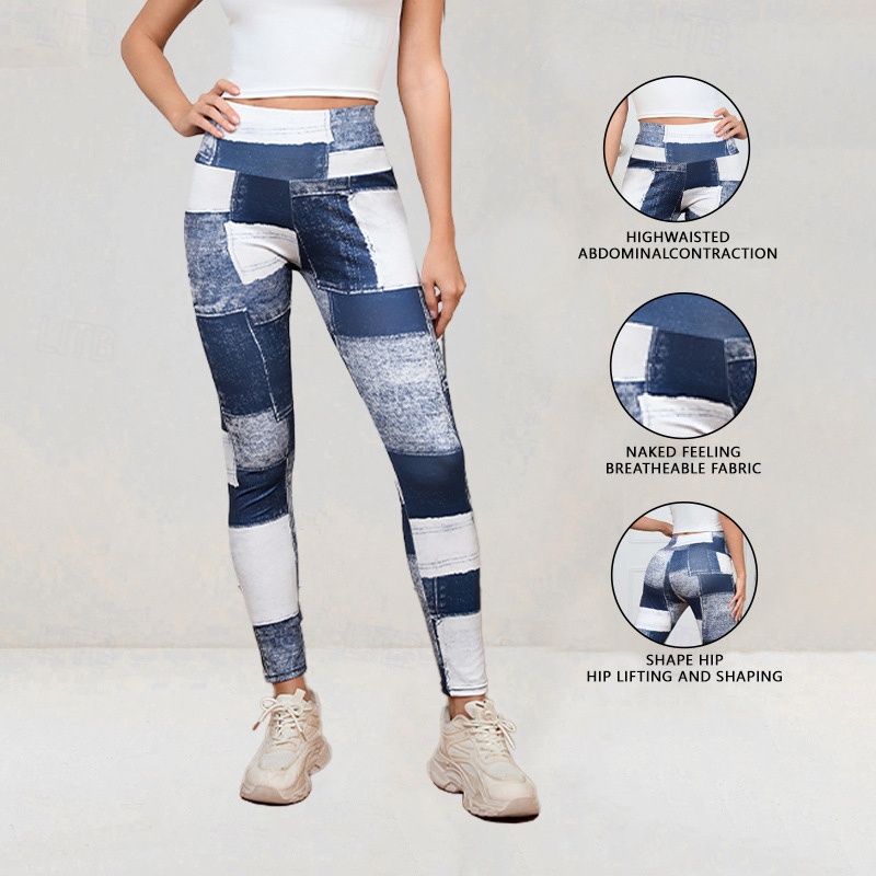 baratos Leggings e collants para ioga-Mulheres Jeans falso com estampa jeans Leggings de ioga Compressão abdominal Cintura Alta Academia Dança Esportivo Calças Bloco de cor Preto Azul Outono Esportes Roupas Esportivas Ajuste justo