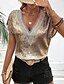 voordelige Elegante topjes-Dames Paillet Glinsterend Feesten Schitteren Effen Modieus Modern Korte mouw V-hals Normale tops Dagelijks Pailletten Lapwerk Goud Zomer