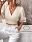 preiswerte Damen Einfache Oberteile-Damen Sommeroberteile Wickel-Crop-Top Einfach Täglich Stilvoll Basic Langarm Laternenärmel V Ausschnitt Crop Tops Arbeit Täglich Ferien Tunika Schwarz Aprikose Frühling Herbst