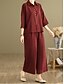 baratos Conjuntos-Mulheres Elegante Moda Roupa de rua Conjuntos de linho de algodão Manga 3/4 Colarinho de Camisa Côr Sólida Ao ar livre Trabalho Casual Laranja Marron Cáqui Verão Normal