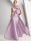 baratos Champanhe-Vestido A-Line Vestido de Noite Vestido Elegante Formal Comprimento do Chão Sem Mangas Um Ombro Casamento de Outono Cetim com Laço(s)