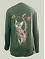 abordables Camiseta de Animales-Camiseta de Mujer de Manga Larga Floral Gráfica Gato Vintage Estilo Clásico Cuello Redondo Regular Tops Impresión Diaria Negro Azul Verde Primavera Otoño Prefall