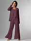 abordables Costumes-pantalons pour maman-Pantalon 3 pièces mère de la mariée invitée de mariage formelle élégante grande taille enroulée longueur sol en chiffon sans manches avec dentelle taille sur mesure gratuite