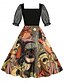 ieftine Rochie de Halloween-Halloween Pentru femei Rochii Midi Rochie A line Casual Zilnic Concediu Fit regulat Dovleac panza de paianjen Manșon scurt Pătrat Negru Galben Mov Vară Primăvară Toamnă