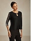 baratos Blusas Elegantes-Mulheres Tops elegantes Tops de noite Purpurina Com Miçangas Com Strass Elegante Festa Manga 3/4 Gola Redonda Trabalho Convidado do casamento Traje de festa para noite Preto Primavera / Outono