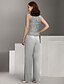 economico Tailleur pantalone della mamma-Completo Formale Matrimonio sulla Spiaggia 3 Pezzi Mamma della Sposa Elegante Collo Gioiello Chiffon Maniche Lunghe Wrap Incluso Ricamo in Pizzo Colore Solido