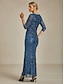 ieftine Rochii Party-Pentru femei Rochie Maxi Rochie teacă Rochii Tip Sirenă Rochie Bodycon Elegant Oficial cocktail Serată Paiete Brodat Floral Lungime Manșon 3/4 În V Albastru păun