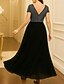 baratos Comprimento do tornozelo-Vestido de Festa A-Line com Comprimento de Tornozelo Vestido de Coquetel Vestido de Convidada de Casamento Vestido da Mãe da Noiva Manga Curta Decote em V Vestido Preto Plus Size Brilho  Glamour com