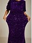 preiswerte Einfaches Kleid-Damen Midikleid Etui-Kleid Elegant Party Hochzeit Pailletten Kurzarm Rundhalsausschnitt Aubergine