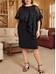 abordables Longueur du thé-Fourreau Colonne Mi-long Robe de Soirée Robe de Cocktail Robe d'invité de mariage Robe de Mère de Mariée  Demi Manches Col ras du cou Robe Noire Grande taille Éclat &amp; Brillance Soirée Formelle Fête