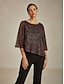 billige Kjolebluser-Dame Bluse Dressy topper Flytende topper Chiffongoverdeler Paljetter Flettet Lapper Elegant Årgang Stilfull 3/4 ermer Crew-hals Båthals Daglig Arbeid Date Night antrekk Vin Vår Høst