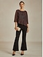 billige Kjolebluser-Dame Bluse Dressy topper Flytende topper Chiffongoverdeler Paljetter Flettet Lapper Elegant Årgang Stilfull 3/4 ermer Crew-hals Båthals Daglig Arbeid Date Night antrekk Vin Vår Høst