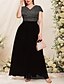 baratos Comprimento do tornozelo-Vestido de Festa A-Line com Comprimento de Tornozelo Vestido de Coquetel Vestido de Convidada de Casamento Vestido da Mãe da Noiva Manga Curta Decote em V Vestido Preto Plus Size Brilho  Glamour com