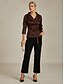 voordelige Elegante topjes-Dames Blouse Avondtops Elegant metallinen Stijlvol 3/4 mouw V-hals Normale tops Bruiloft gast Avond Feest Semi formeel strik voorkant Bruin Lente, Herfst, Winter, Zomer