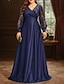 preiswerte Bodenlänge-A-Linie Bodenlang Abendkleid Flattriges Kleid Langarm V Ausschnitt Elegant Vintage Übergröße Polyester Brautmutterkleid mit Falten Paillette