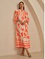 baratos Vestidos Florais-Vestido longo feminino de cetim laranja, caimento solto, manga 3/4, decote em V, gola alta, estampa floral havaiana, elegante, férias, casual, diário, primavera-verão