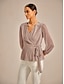 billige Enkle bluser-Dame Bluse binde foran Metallisk Elegant Langærmet V-hals Almindelige toppe Bryllupsgæst Date Night Outfits Cocktail påklædning Lyserød Sommer Forår Efterår Vinter