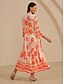 baratos Vestidos Florais-Vestido longo feminino de cetim laranja, caimento solto, manga 3/4, decote em V, gola alta, estampa floral havaiana, elegante, férias, casual, diário, primavera-verão