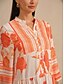 baratos Vestidos Florais-Vestido longo feminino de cetim laranja, caimento solto, manga 3/4, decote em V, gola alta, estampa floral havaiana, elegante, férias, casual, diário, primavera-verão