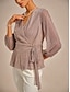 billige Enkle bluser-Dame Bluse binde foran Metallisk Elegant Langærmet V-hals Almindelige toppe Bryllupsgæst Date Night Outfits Cocktail påklædning Lyserød Sommer Forår Efterår Vinter