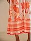 baratos Vestidos Florais-Vestido longo feminino de cetim laranja, caimento solto, manga 3/4, decote em V, gola alta, estampa floral havaiana, elegante, férias, casual, diário, primavera-verão