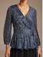 baratos Blusas Simples-Mulheres Tops elegantes Pregueado Metálico Elegante Manga lanterna Decote V Tops regulares Convidado do casamento Traje de festa para noite Roupa de Trabalho Azul Marinha Primavera / Outono / Inverno