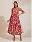 abordables vestido casual estampado-Mujer Vestido de tirantes Vestido de verano Vestido Estampado Vestido Midi Rojo Con Correa Estampado Rosa Flores Escote en V Estampado Dobladillo asimetrico Primavera verano Escote en Pico Sensual
