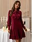 tanie Sukienki świąteczne-Świąteczna damska aksamitna mini sukienka dopasowana i rozkloszowana na imprezę, półformalną, weselną, prostą, z długim rękawem i wysokim kołnierzem w kolorze wina