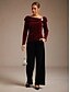 baratos Blusas Elegantes-Natal Mulheres Tops elegantes Franzido Elegante Manga Longa Gola Redonda Decote Canoa Tops regulares Festa de Noite Traje para coquetel Vinho Primavera Outono Inverno