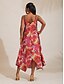 abordables vestido casual estampado-Mujer Vestido de tirantes Vestido de verano Vestido Estampado Vestido Midi Rojo Con Correa Estampado Rosa Flores Escote en V Estampado Dobladillo asimetrico Primavera verano Escote en Pico Sensual