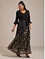 billiga Paljettklänningar-damer maxiklänning A-linjeklänning paljetter broderad tyllklänning elegant fest kvällsfest normal passform löv 3/4-ärm v-ringning svart vår höst vinter