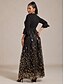 billiga Paljettklänningar-damer maxiklänning A-linjeklänning paljetter broderad tyllklänning elegant fest kvällsfest normal passform löv 3/4-ärm v-ringning svart vår höst vinter