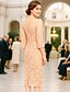 abordables Longueur du thé-Robe fourreau colonne longueur sol Robe en dentelle longueur thé Robe de bal Robe de fête Robe mère de la mariée Manches longues encolure ras du cou Élégante Vintage Luxueuse Formelle Dentelle avec