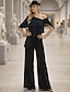 billiga Mammas jumpsuits-Jumpsuits Golvlång Klänning till brudens mor Kortärmad Över axeln Elegant Formell Bröllopsgäst Bröllopsfest Chiffong med Krusad