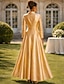 preiswerte Bodenlänge-A-Linie Bodenlang Kleid für Hochzeitsgäste Abendkleid Flattriges Kleid Brautmutterkleid Langarm Hemdkragen Elegant Formell Hochzeitsgast Satin mit Gerafft