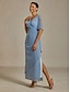 preiswerte Einfaches Kleid-Damen Maxikleid Etui-Kleid Elegant Plissiert Einfarbig Kurzarm Langarm V Ausschnitt Staubiges Blau