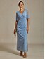 preiswerte Einfaches Kleid-Damen Maxikleid Etui-Kleid Elegant Plissiert Einfarbig Kurzarm Langarm V Ausschnitt Staubiges Blau